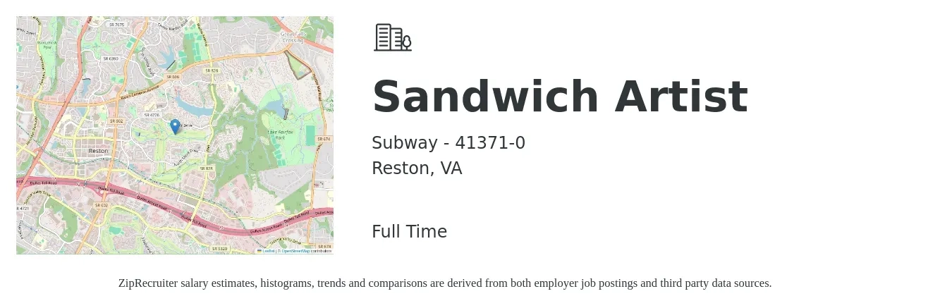 Subway - 41371-0 job posting for a Sandwich Artist in Reston, VA with a salary of $12 to $14 Hourly with a map of Reston location.