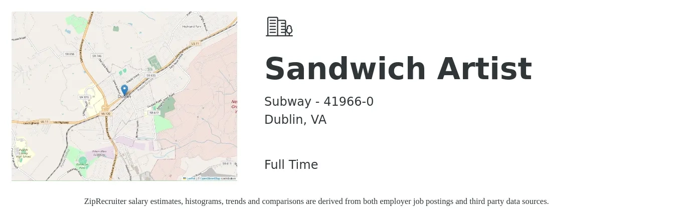Subway - 41966-0 job posting for a Sandwich Artist in Dublin, VA with a salary of $10 to $12 Hourly with a map of Dublin location.