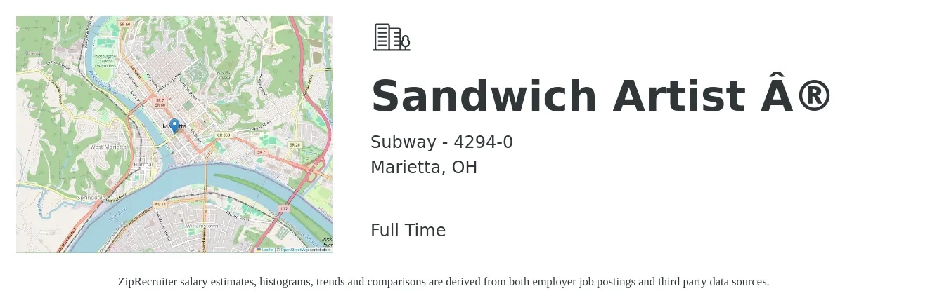 Subway - 4294-0 job posting for a Sandwich Artist ® in Marietta, OH with a salary of $9 to $11 Hourly with a map of Marietta location.