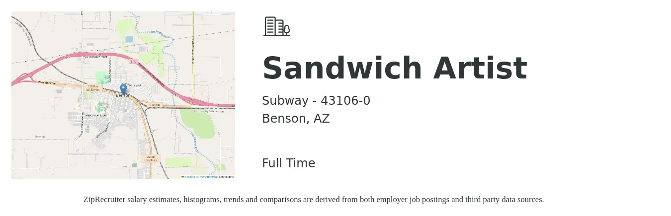 Subway - 43106-0 job posting for a Sandwich Artist in Benson, AZ with a salary of $11 to $13 Hourly with a map of Benson location.