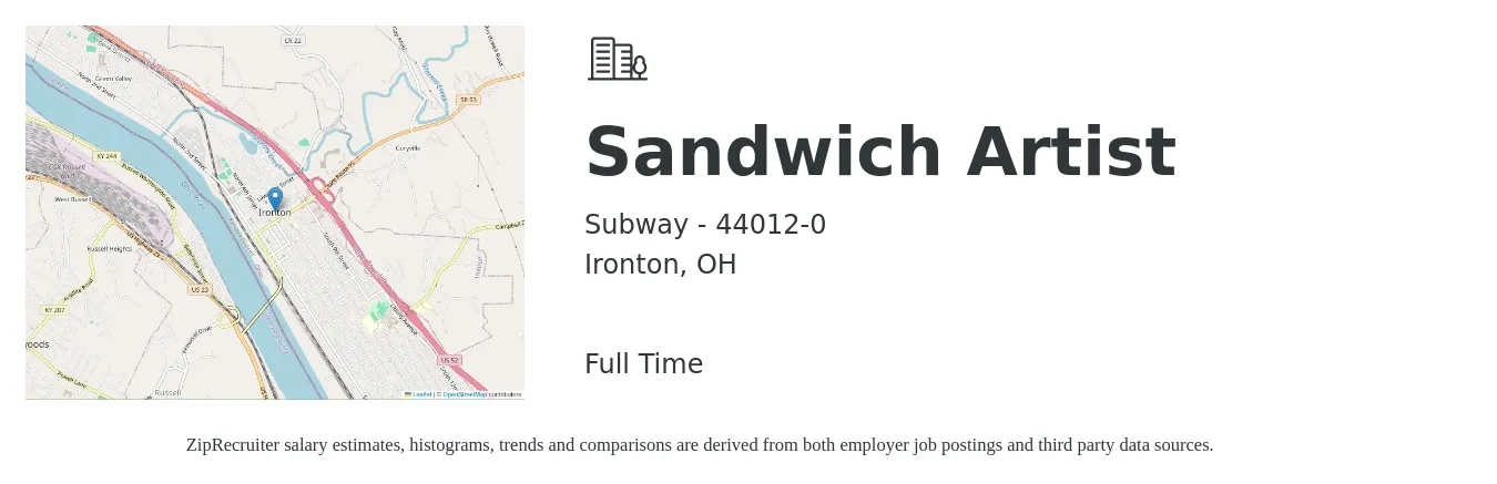 Subway - 44012-0 job posting for a Sandwich Artist in Ironton, OH with a salary of $9 to $11 Hourly with a map of Ironton location.