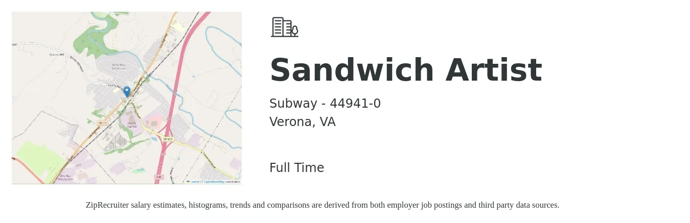 Subway - 44941-0 job posting for a Sandwich Artist in Verona, VA with a salary of $10 to $12 Hourly with a map of Verona location.