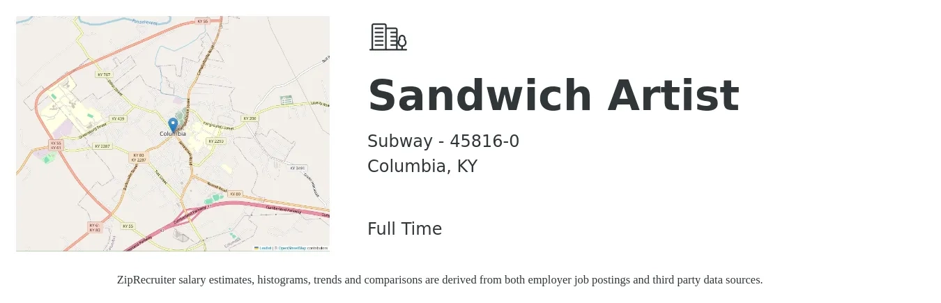 Subway - 45816-0 job posting for a Sandwich Artist in Columbia, KY with a salary of $10 to $12 Hourly with a map of Columbia location.