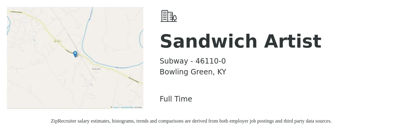 Subway - 46110-0 job posting for a Sandwich Artist in Bowling Green, KY with a salary of $11 to $14 Hourly with a map of Bowling Green location.