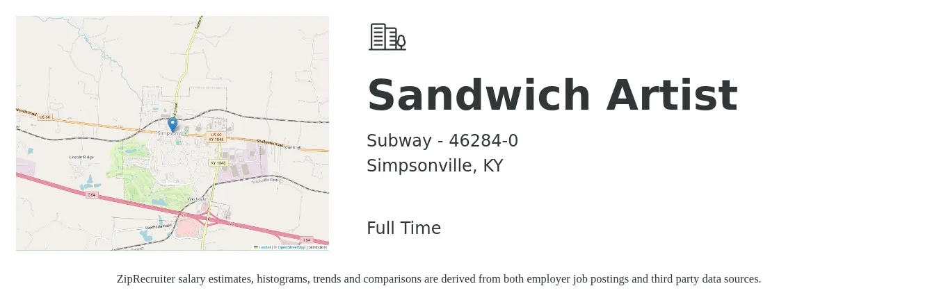 Subway - 46284-0 job posting for a Sandwich Artist in Simpsonville, KY with a salary of $10 to $13 Hourly with a map of Simpsonville location.