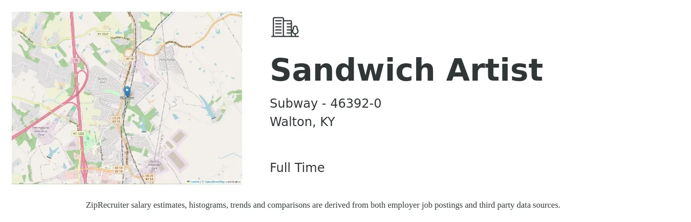Subway - 46392-0 job posting for a Sandwich Artist in Walton, KY with a salary of $10 to $13 Hourly with a map of Walton location.
