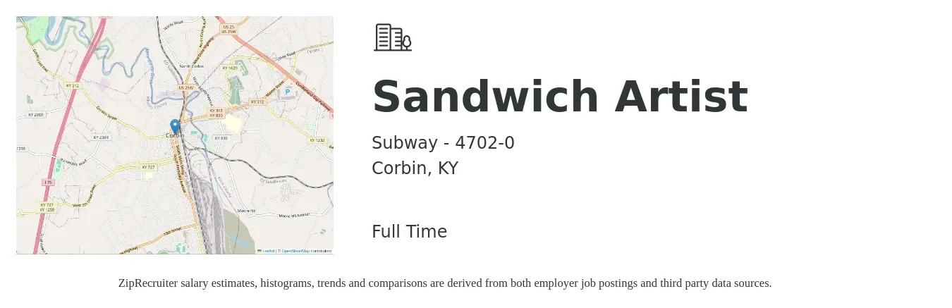 Subway - 4702-0 job posting for a Sandwich Artist in Corbin, KY with a salary of $11 to $14 Hourly with a map of Corbin location.
