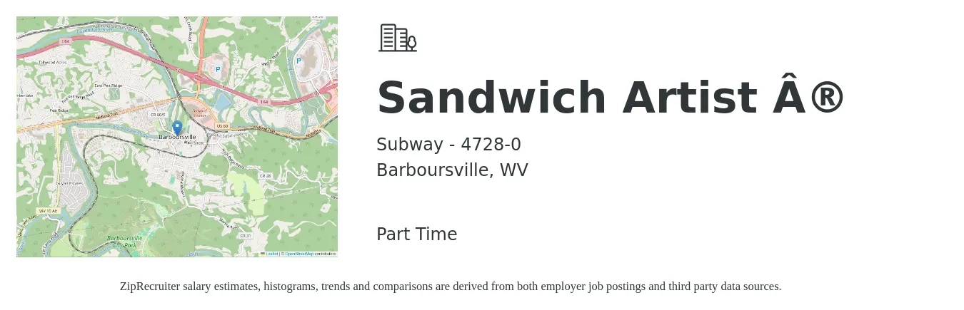 Subway - 4728-0 job posting for a Sandwich Artist ® in Barboursville, WV with a salary of $9 to $11 Hourly with a map of Barboursville location.