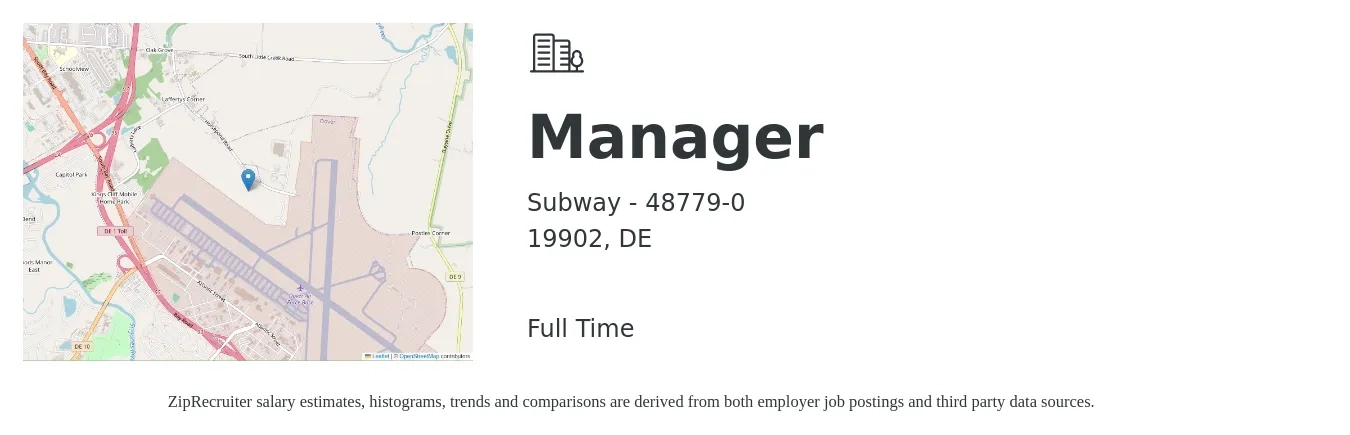 Subway - 48779-0 job posting for a Manager in 19902, DE with a salary of $38,500 to $58,200 Yearly with a map of 19902 location.