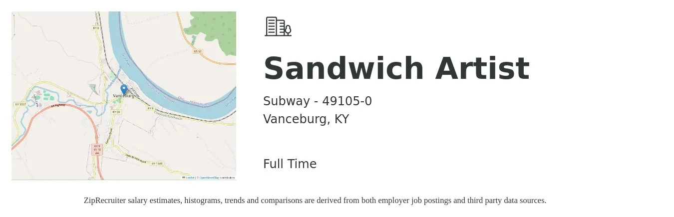 Subway - 49105-0 job posting for a Sandwich Artist in Vanceburg, KY with a salary of $10 to $12 Hourly with a map of Vanceburg location.