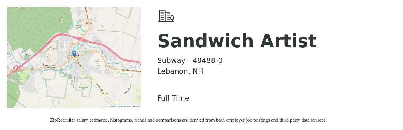 Subway - 49488-0 job posting for a Sandwich Artist in Lebanon, NH with a salary of $12 to $16 Hourly with a map of Lebanon location.