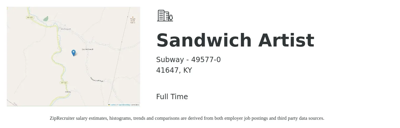 Subway - 49577-0 job posting for a Sandwich Artist in 41647, KY with a salary of $8 to $10 Hourly with a map of 41647 location.