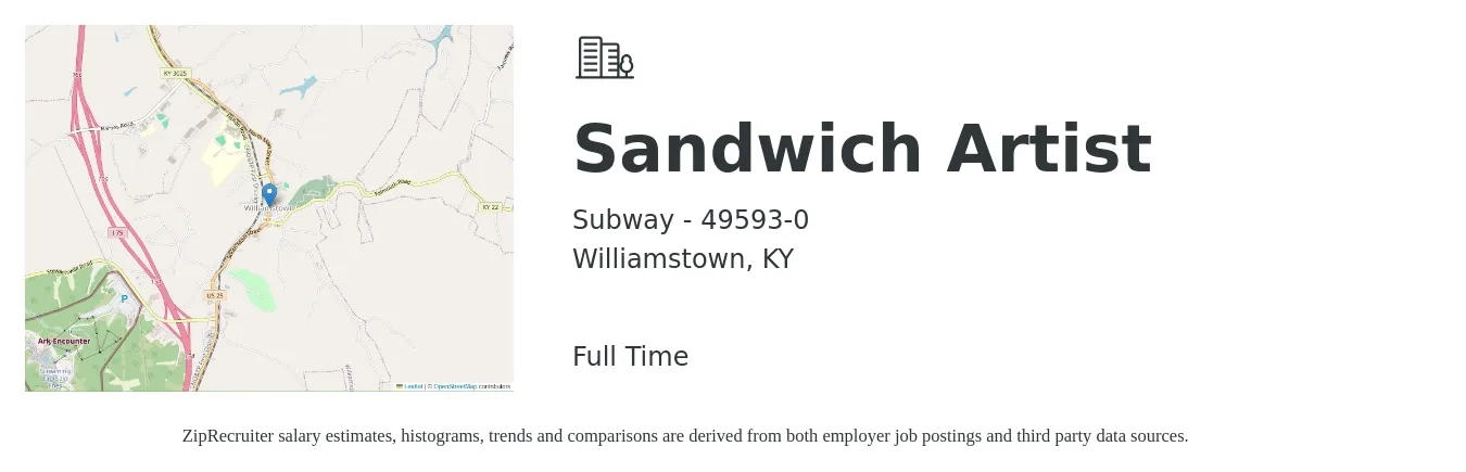 Subway - 49593-0 job posting for a Sandwich Artist in Williamstown, KY with a salary of $10 to $13 Hourly with a map of Williamstown location.
