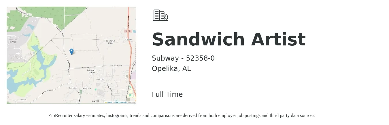 Subway - 52358-0 job posting for a Sandwich Artist in Opelika, AL with a salary of $10 to $12 Hourly with a map of Opelika location.