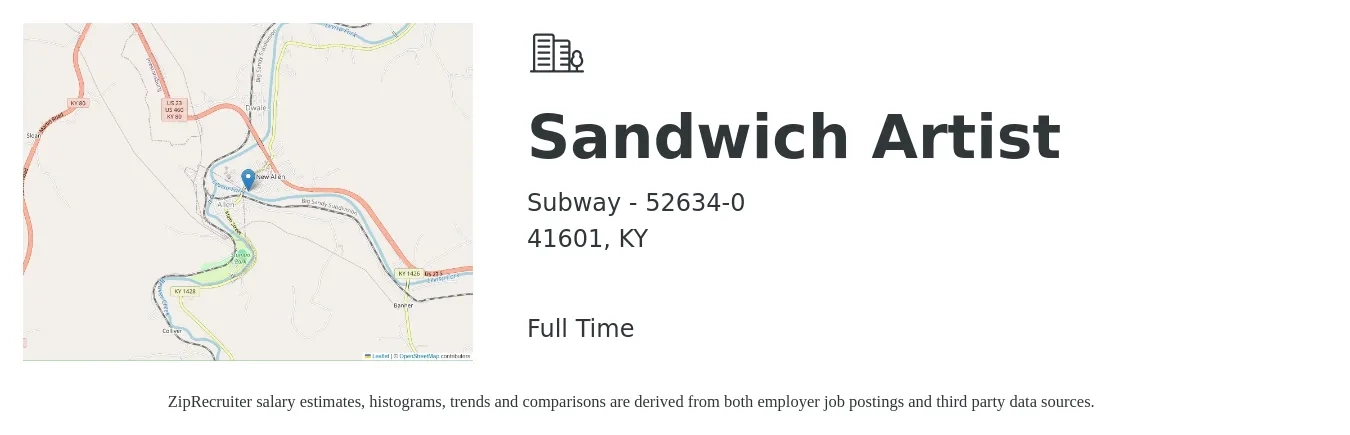 Subway - 52634-0 job posting for a Sandwich Artist in 41601, KY with a salary of $12 to $15 Hourly with a map of 41601 location.