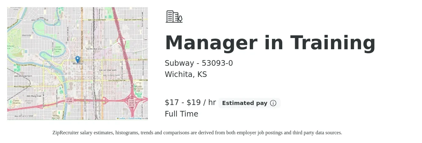 Subway - 53093-0 job posting for a Manager in Training in Wichita, KS with a salary of $18 to $20 Hourly with a map of Wichita location.