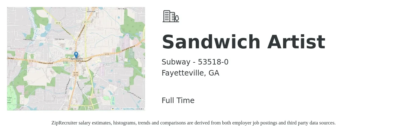 Subway - 53518-0 job posting for a Sandwich Artist in Fayetteville, GA with a salary of $10 to $12 Hourly with a map of Fayetteville location.