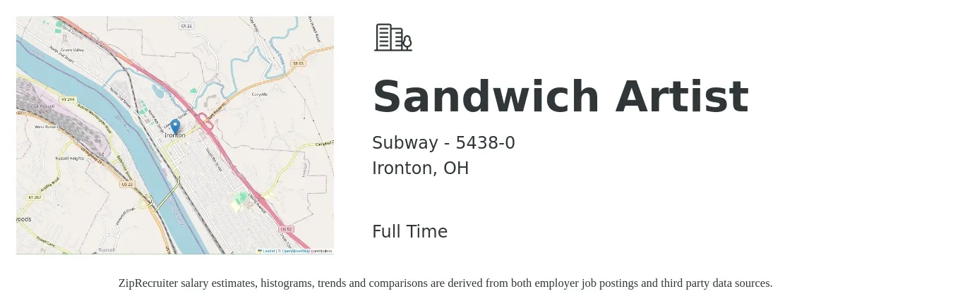 Subway - 5438-0 job posting for a Sandwich Artist in Ironton, OH with a salary of $9 to $11 Hourly with a map of Ironton location.