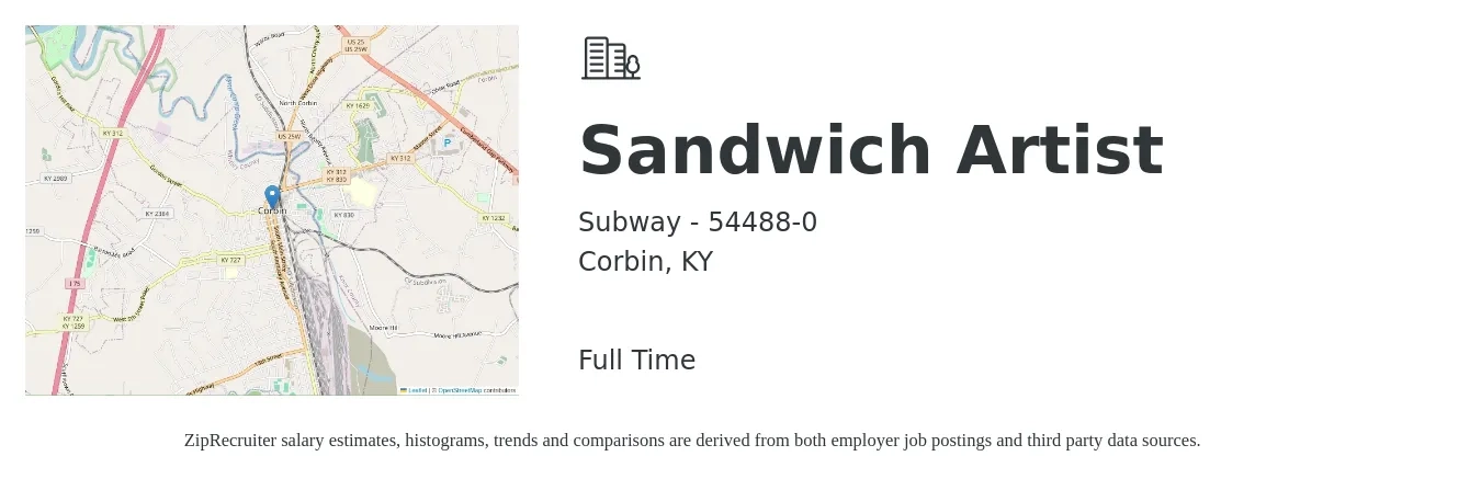 Subway - 54488-0 job posting for a Sandwich Artist in Corbin, KY with a salary of $11 to $14 Hourly with a map of Corbin location.