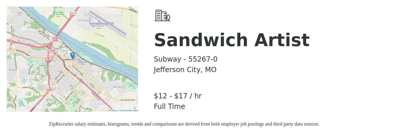 Subway - 55267-0 job posting for a Sandwich Artist in Jefferson City, MO with a salary of $11 to $13 Hourly with a map of Jefferson City location.