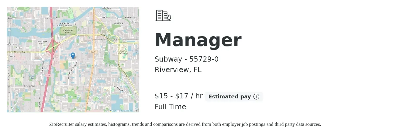 Subway - 55729-0 job posting for a Manager in Riverview, FL with a salary of $16 to $18 Hourly with a map of Riverview location.