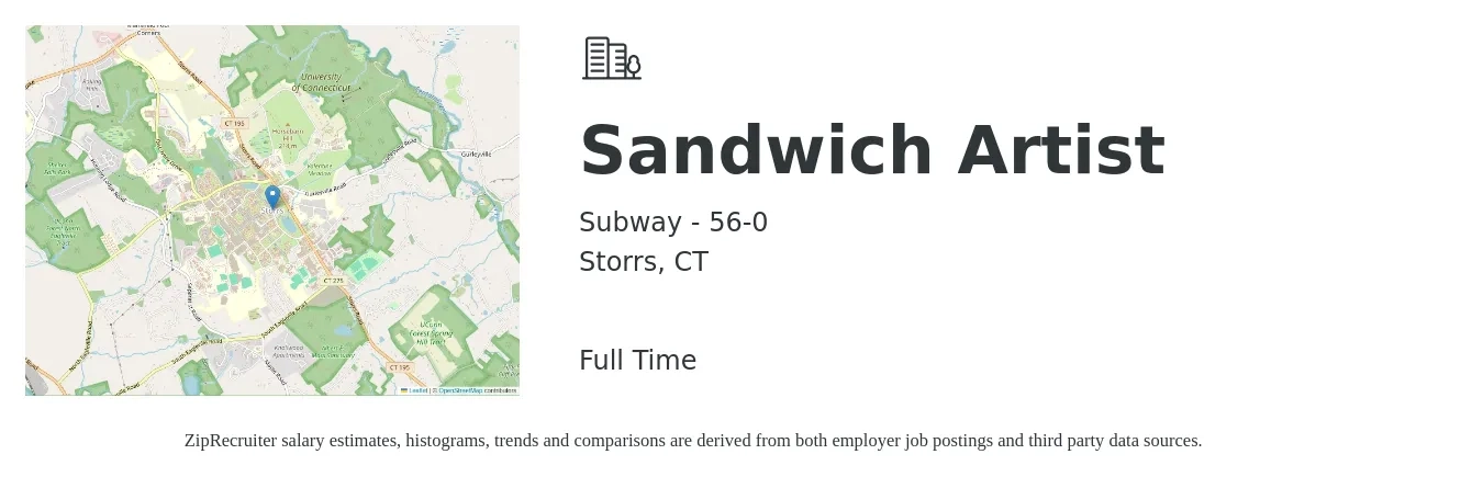 Subway - 56-0 job posting for a Sandwich Artist in Storrs, CT with a salary of $12 to $14 Hourly with a map of Storrs location.