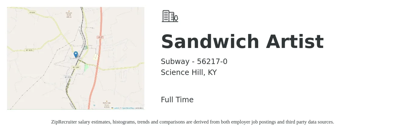 Subway - 56217-0 job posting for a Sandwich Artist in Science Hill, KY with a salary of $8 to $10 Hourly with a map of Science Hill location.