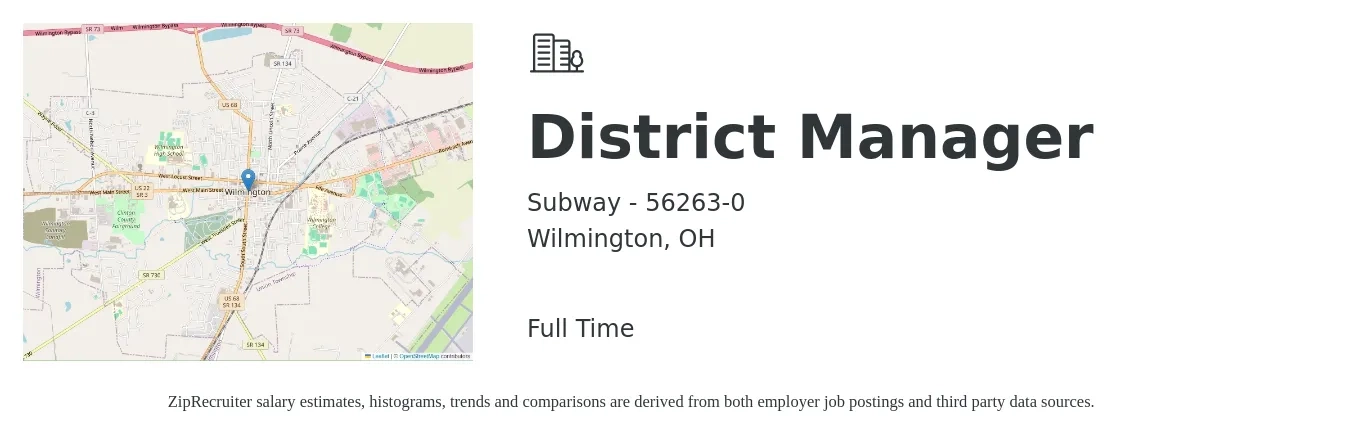 Subway - 56263-0 job posting for a District Manager in Wilmington, OH with a salary of $57,600 to $82,200 Yearly with a map of Wilmington location.