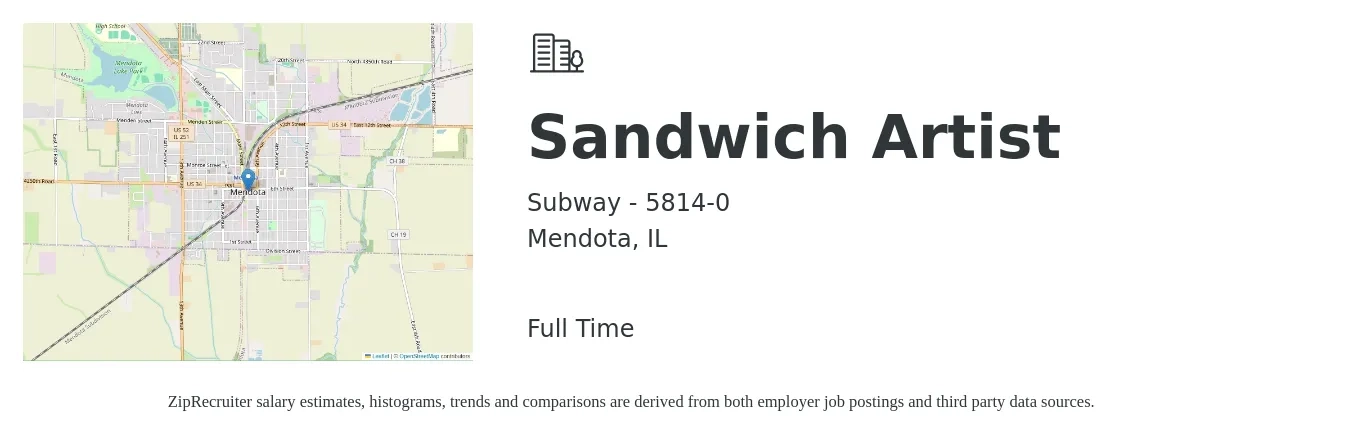 Subway - 5814-0 job posting for a Sandwich Artist in Mendota, IL with a salary of $11 to $13 Hourly with a map of Mendota location.
