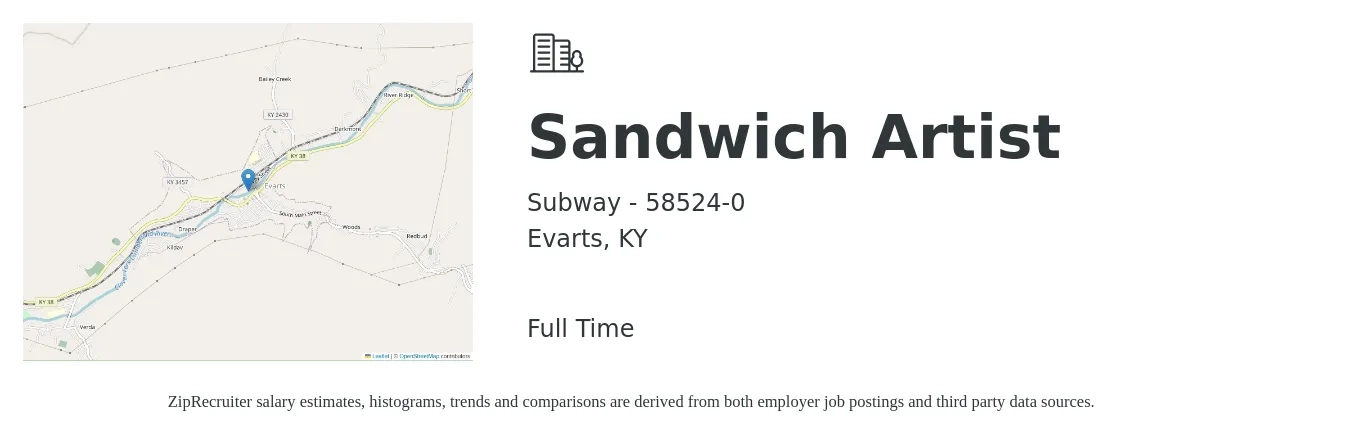 Subway - 58524-0 job posting for a Sandwich Artist in Evarts, KY with a salary of $9 to $11 Hourly with a map of Evarts location.