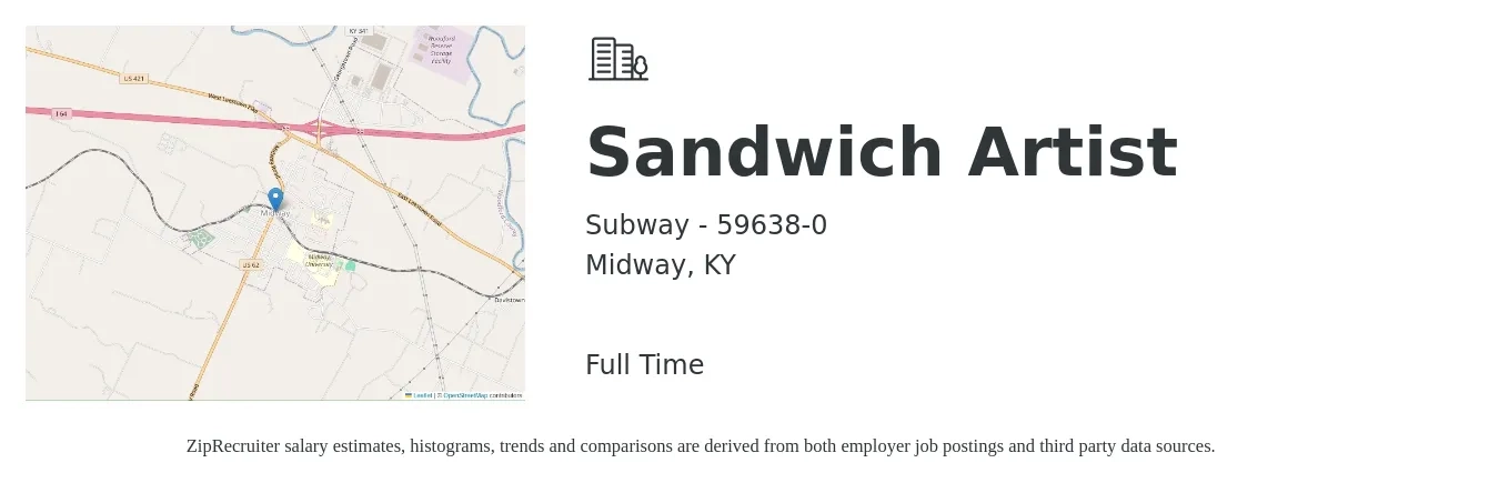 Subway - 59638-0 job posting for a Sandwich Artist in Midway, KY with a salary of $10 to $12 Hourly with a map of Midway location.