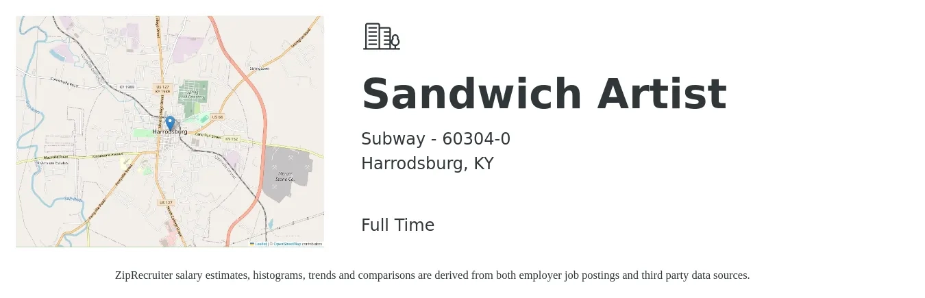 Subway - 60304-0 job posting for a Sandwich Artist in Harrodsburg, KY with a salary of $9 to $11 Hourly with a map of Harrodsburg location.
