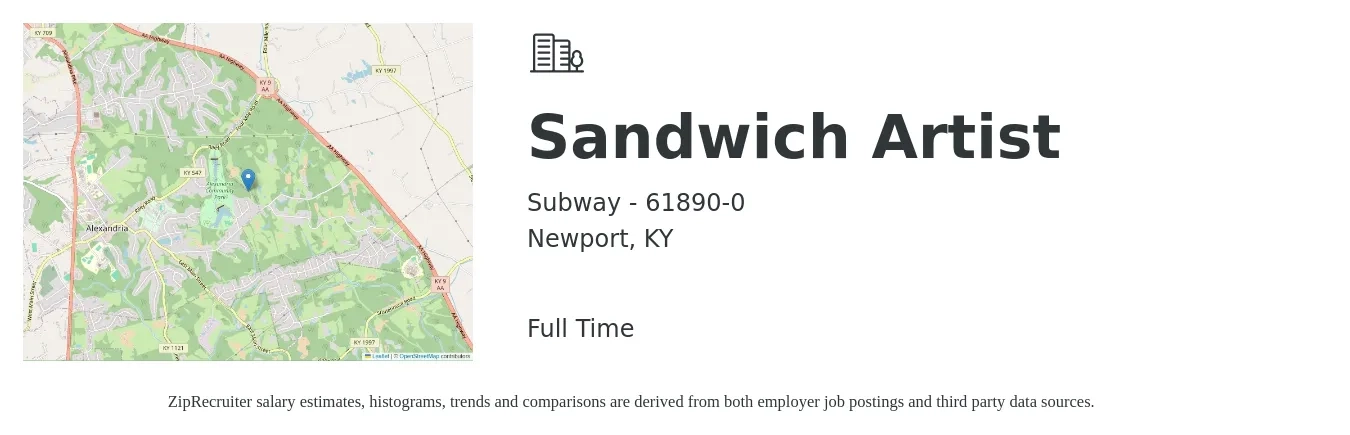 Subway - 61890-0 job posting for a Sandwich Artist in Newport, KY with a salary of $11 to $13 Hourly with a map of Newport location.