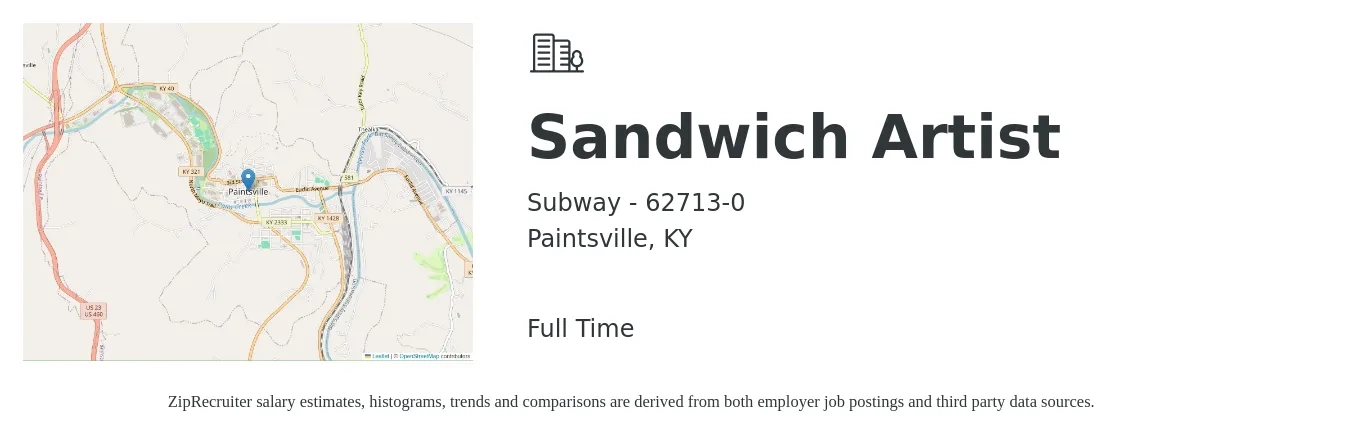Subway - 62713-0 job posting for a Sandwich Artist in Paintsville, KY with a salary of $11 to $14 Hourly with a map of Paintsville location.