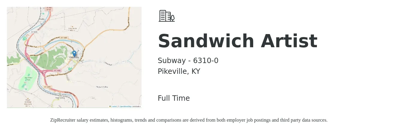 Subway - 6310-0 job posting for a Sandwich Artist in Pikeville, KY with a salary of $11 to $13 Hourly with a map of Pikeville location.