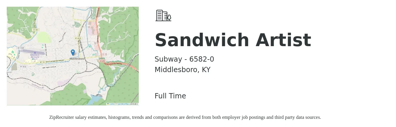 Subway - 6582-0 job posting for a Sandwich Artist in Middlesboro, KY with a salary of $9 to $12 Hourly with a map of Middlesboro location.