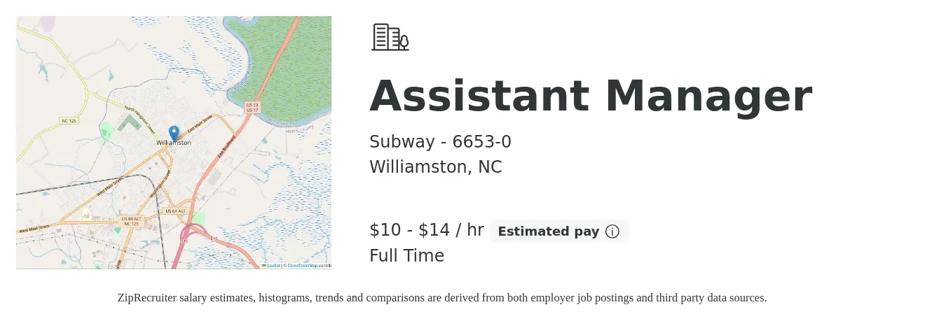 Subway - 6653-0 job posting for a Assistant Manager in Williamston, NC with a salary of $11 to $15 Hourly with a map of Williamston location.