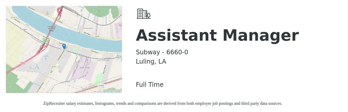 Subway - 6660-0 job posting for a Assistant Manager in Luling, LA with a salary of $16 to $22 Hourly with a map of Luling location.