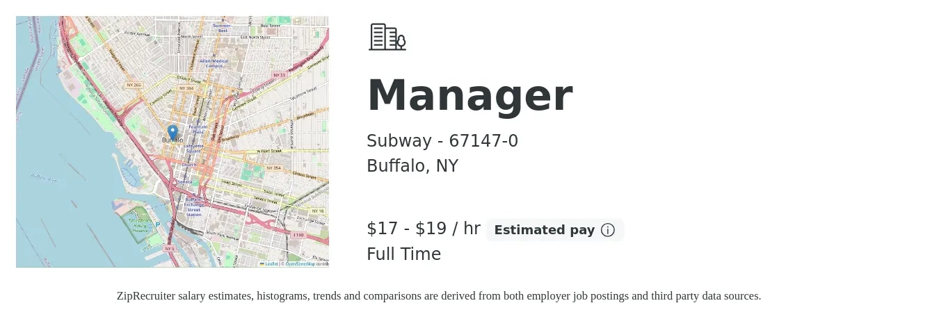 Subway - 67147-0 job posting for a Manager in Buffalo, NY with a salary of $18 to $20 Hourly with a map of Buffalo location.