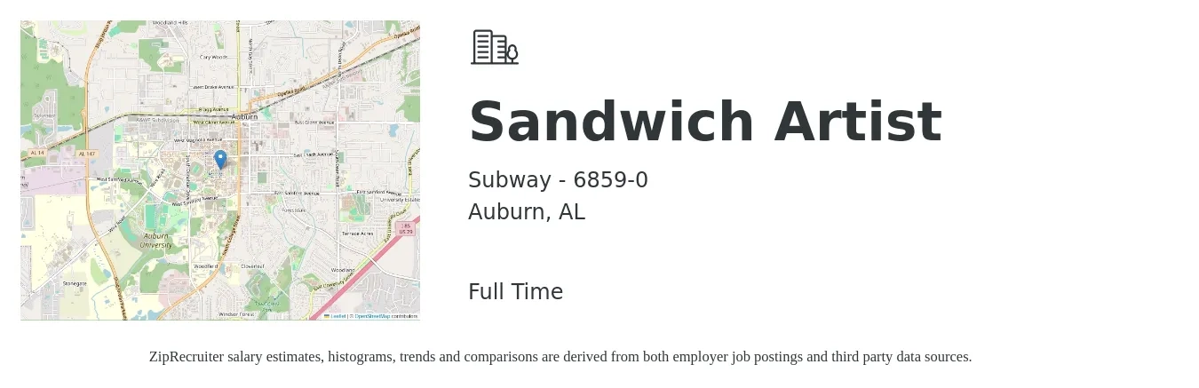 Subway - 6859-0 job posting for a Sandwich Artist in Auburn, AL with a salary of $10 to $12 Hourly with a map of Auburn location.