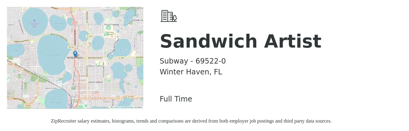 Subway - 69522-0 job posting for a Sandwich Artist in Winter Haven, FL with a salary of $10 to $12 Hourly with a map of Winter Haven location.
