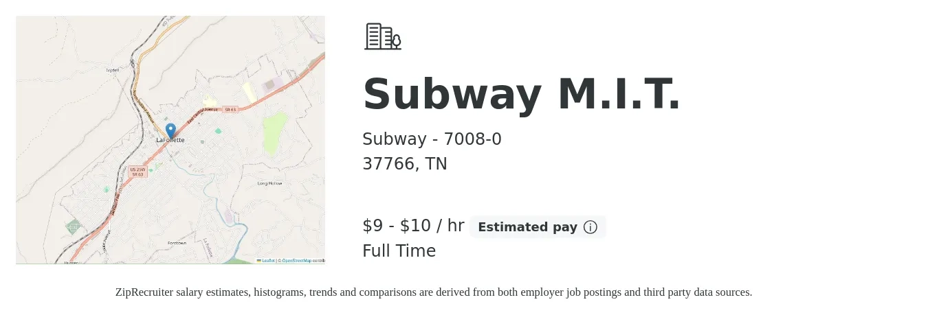 Subway - 7008-0 job posting for a Subway M.I.T. in 37766, TN with a salary of $10 to $11 Hourly with a map of 37766 location.