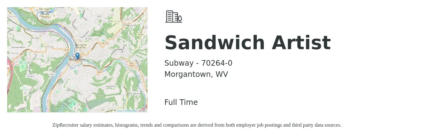 Subway - 70264-0 job posting for a Sandwich Artist in Morgantown, WV with a salary of $12 to $14 Hourly with a map of Morgantown location.