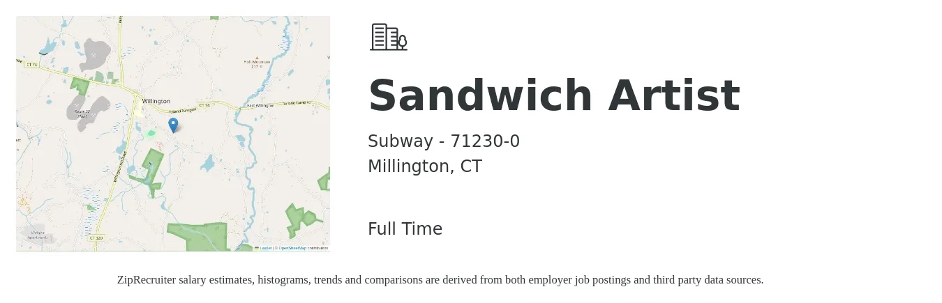 Subway - 71230-0 job posting for a Sandwich Artist in Millington, CT with a salary of $12 to $14 Hourly with a map of Millington location.