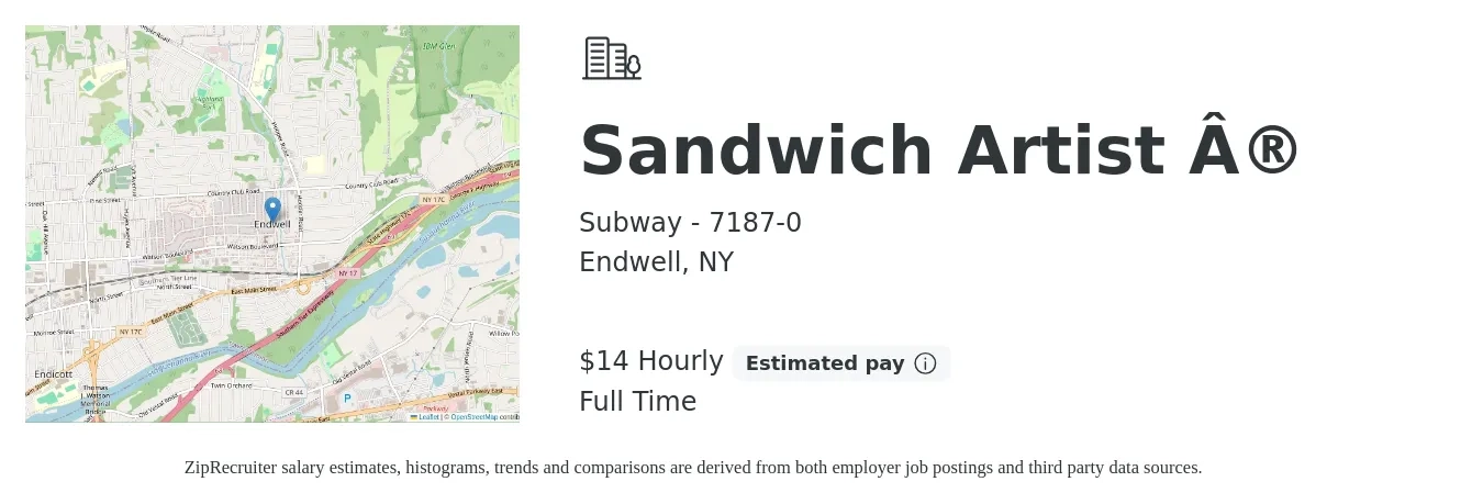 Subway - 7187-0 job posting for a Sandwich Artist ® in Endwell, NY with a salary of $15 Hourly with a map of Endwell location.