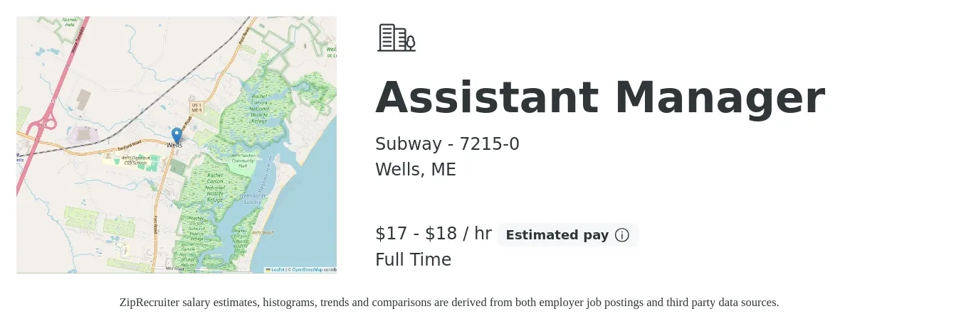 Subway - 7215-0 job posting for a Assistant Manager in Wells, ME with a salary of $18 to $19 Hourly with a map of Wells location.