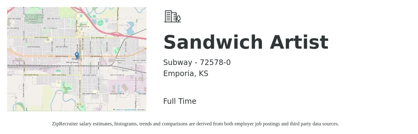 Subway - 72578-0 job posting for a Sandwich Artist in Emporia, KS with a salary of $9 to $12 Hourly with a map of Emporia location.