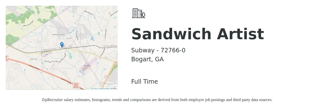 Subway - 72766-0 job posting for a Sandwich Artist in Bogart, GA with a salary of $10 to $13 Hourly with a map of Bogart location.