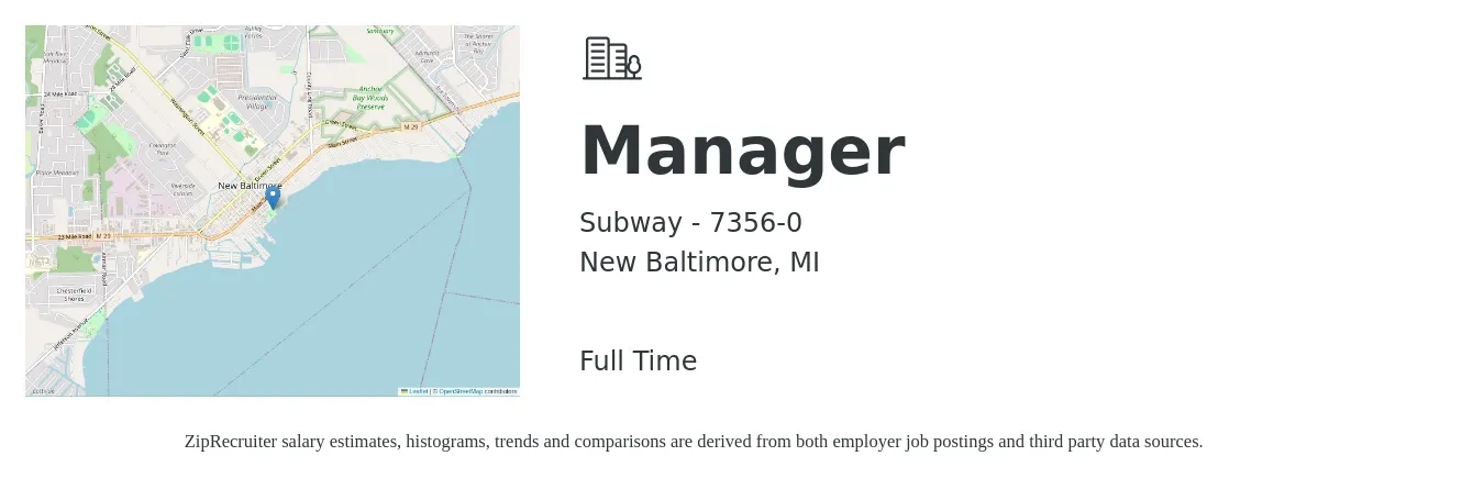 Subway - 7356-0 job posting for a Manager in New Baltimore, MI with a salary of $36,300 to $55,000 Yearly with a map of New Baltimore location.