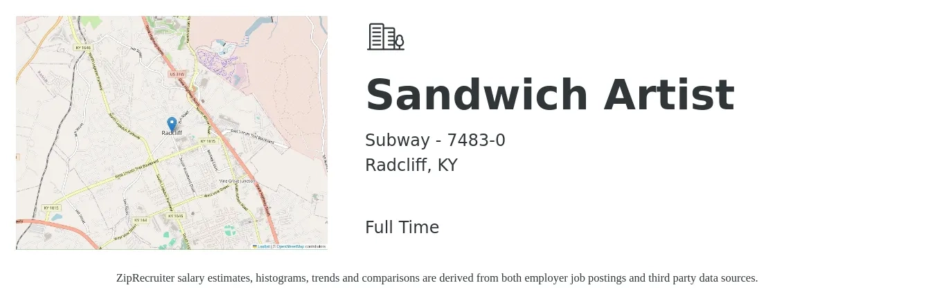 Subway - 7483-0 job posting for a Sandwich Artist in Radcliff, KY with a salary of $10 to $12 Hourly with a map of Radcliff location.